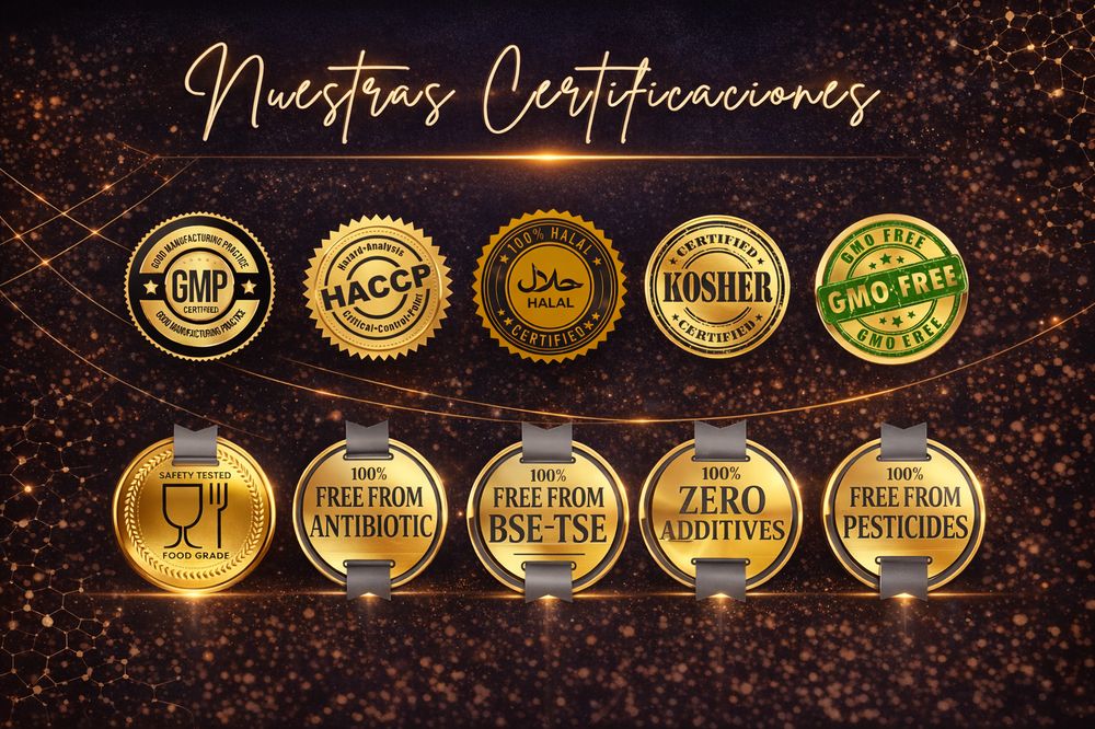 Certificaciones TriGLP: GMP, HACCP, Halal, Kosher, libre de OGM, libre de antibi&oacute;tico, libre de BSE-TSE, cero aditivos, libre de pesticidas