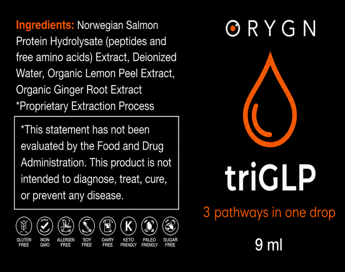 Etiqueta de ingredientes de TriGLP: hidrolizado de proteína de salmón noruego, agua desionizada, extracto de cáscara de limón y raíz de jengibre